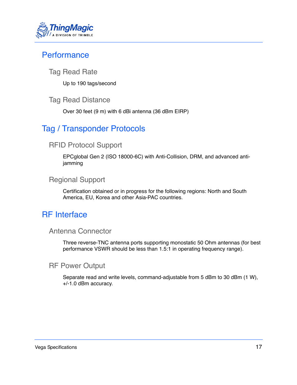 Performance, Tag read rate, Tag read distance | Tag / transponder protocols, Rfid protocol support, Regional support, Rf interface, Antenna connector, Rf power output | ThingMagic Vega User Manual | Page 17 / 20