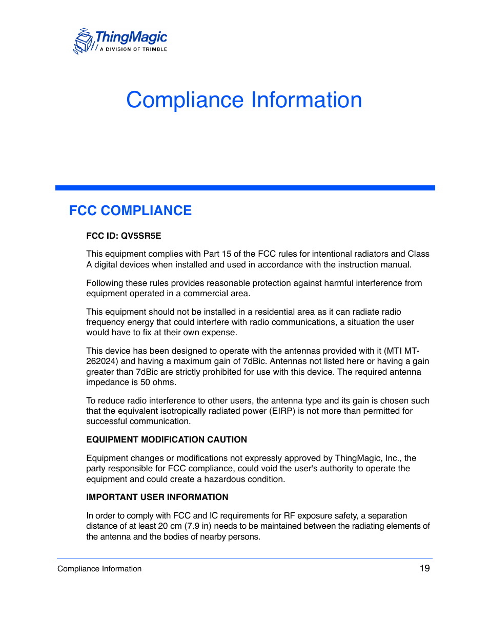 Compliance information, Fcc compliance | ThingMagic Vega User Manual | Page 19 / 20