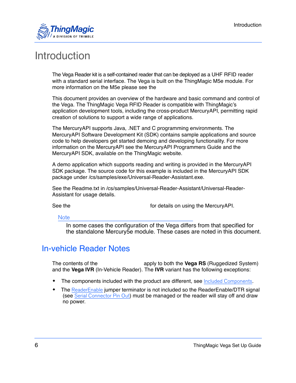 Introduction, In-vehicle reader notes | ThingMagic Vega User Manual | Page 6 / 20