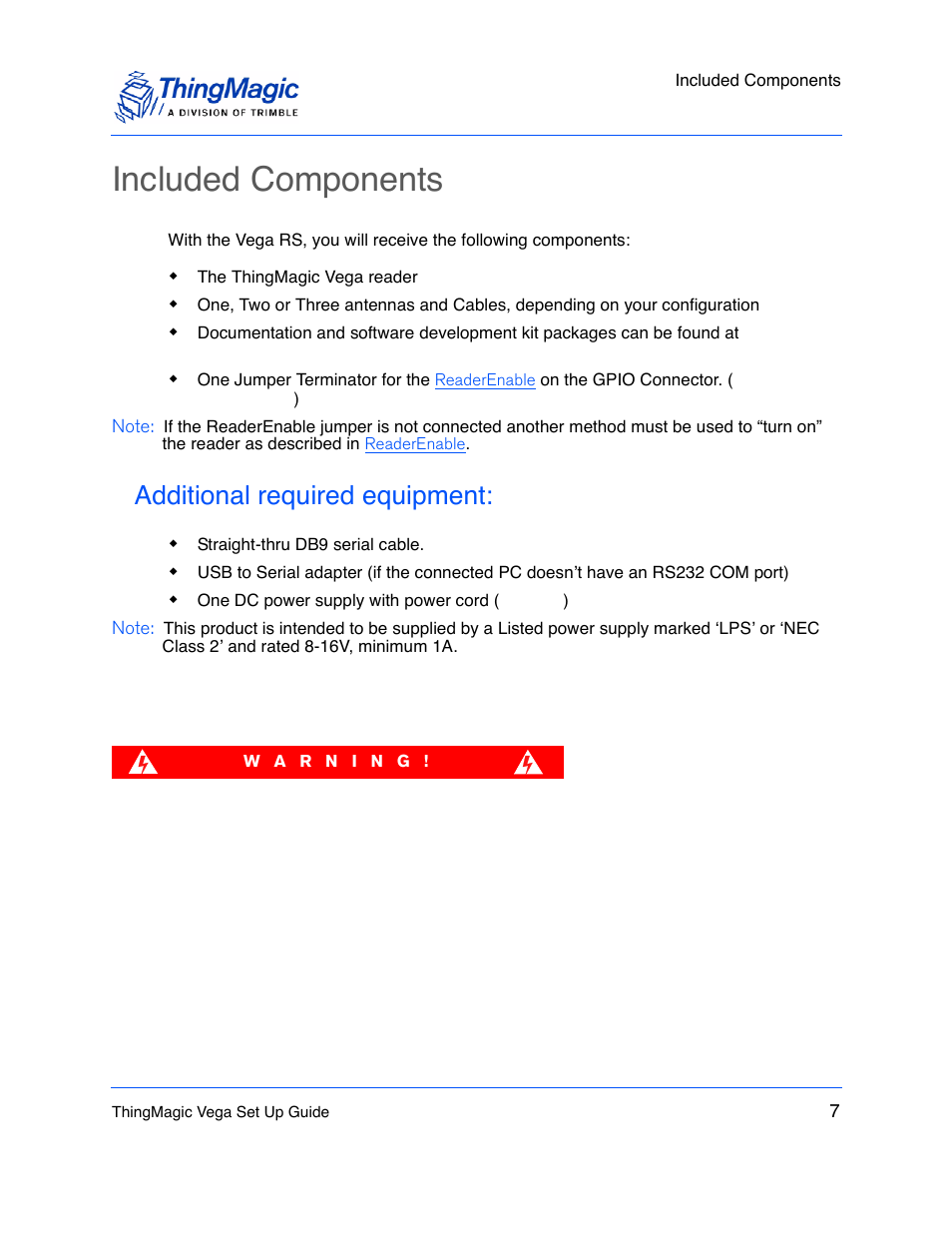 Included components, Additional required equipment | ThingMagic Vega User Manual | Page 7 / 20
