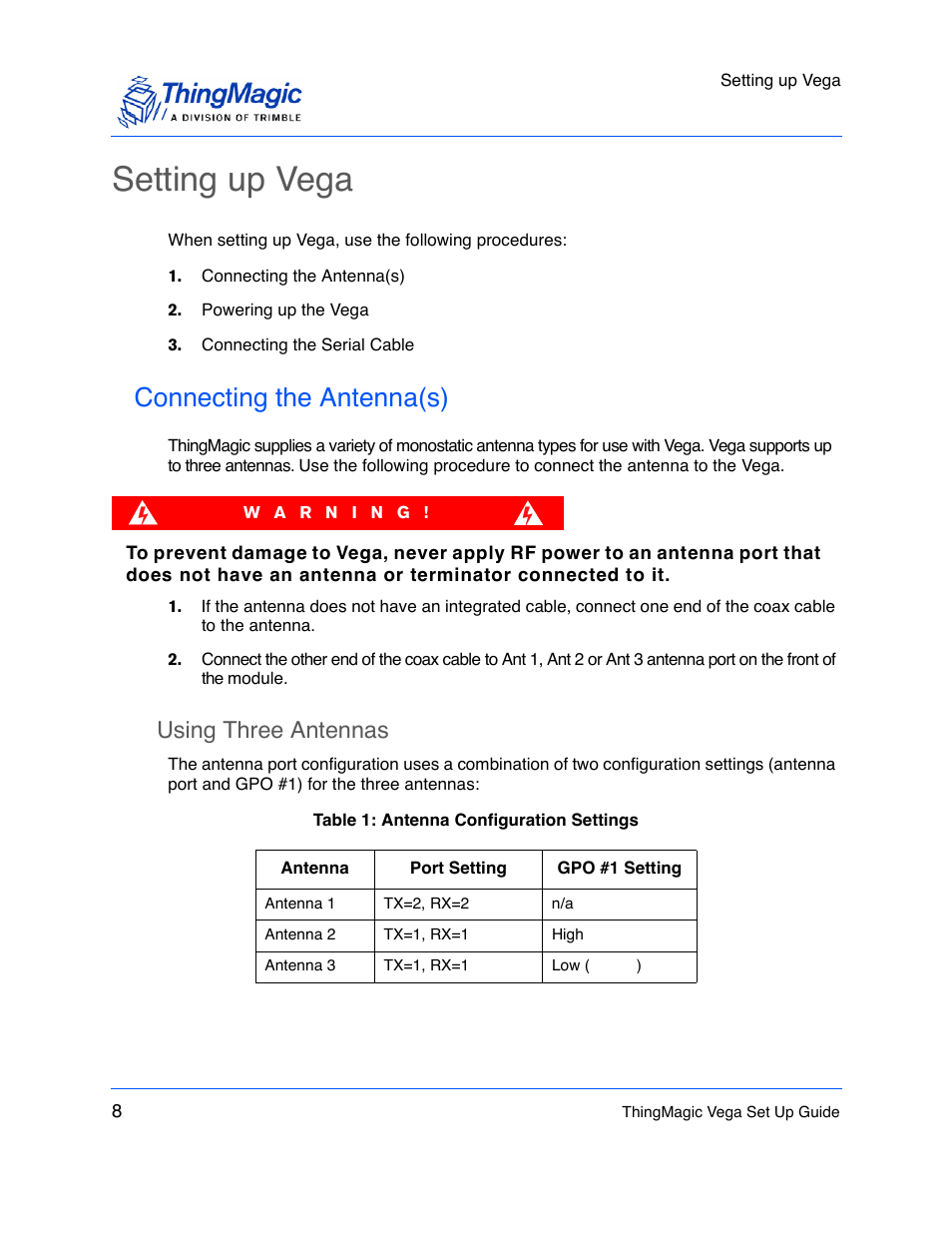 Setting up vega, Connecting the antenna(s), Using three antennas | ThingMagic Vega User Manual | Page 8 / 20