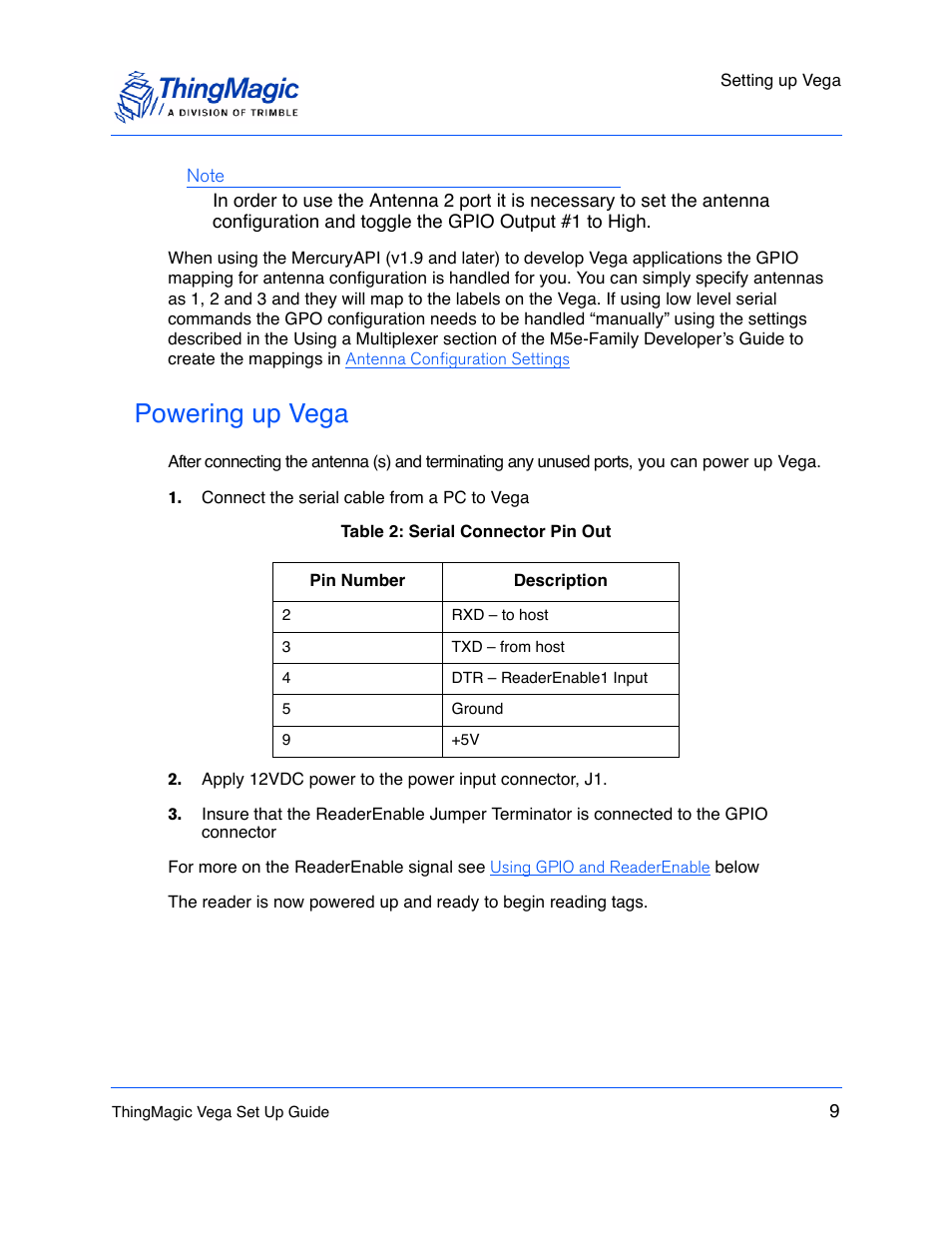 Powering up vega, Serial connector pin out | ThingMagic Vega User Manual | Page 9 / 20