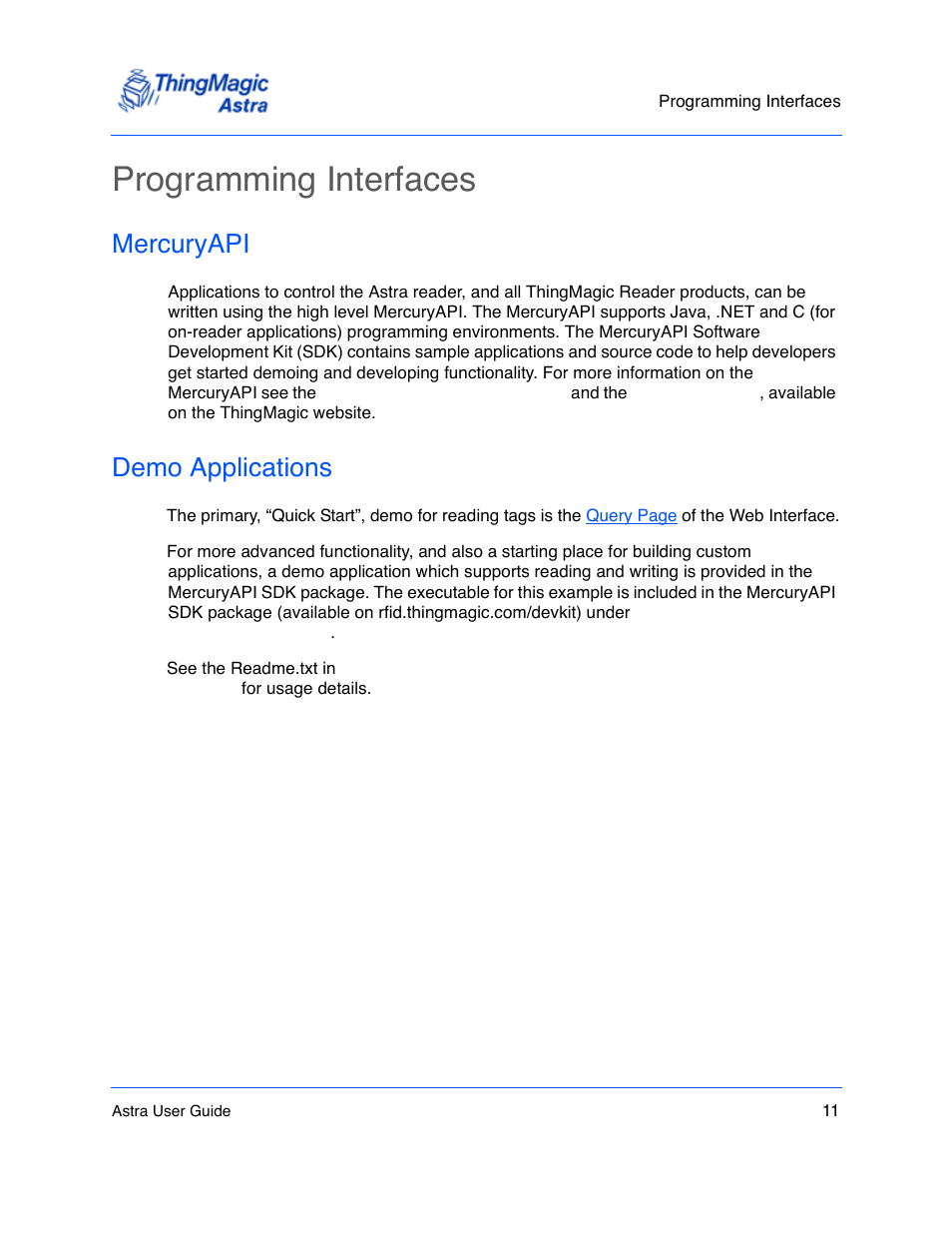 Programming interfaces, Mercuryapi, Demo applications | Programming interfaces 11, Mercuryapi 11, Demo applications 11 | ThingMagic Astra User Manual | Page 11 / 75