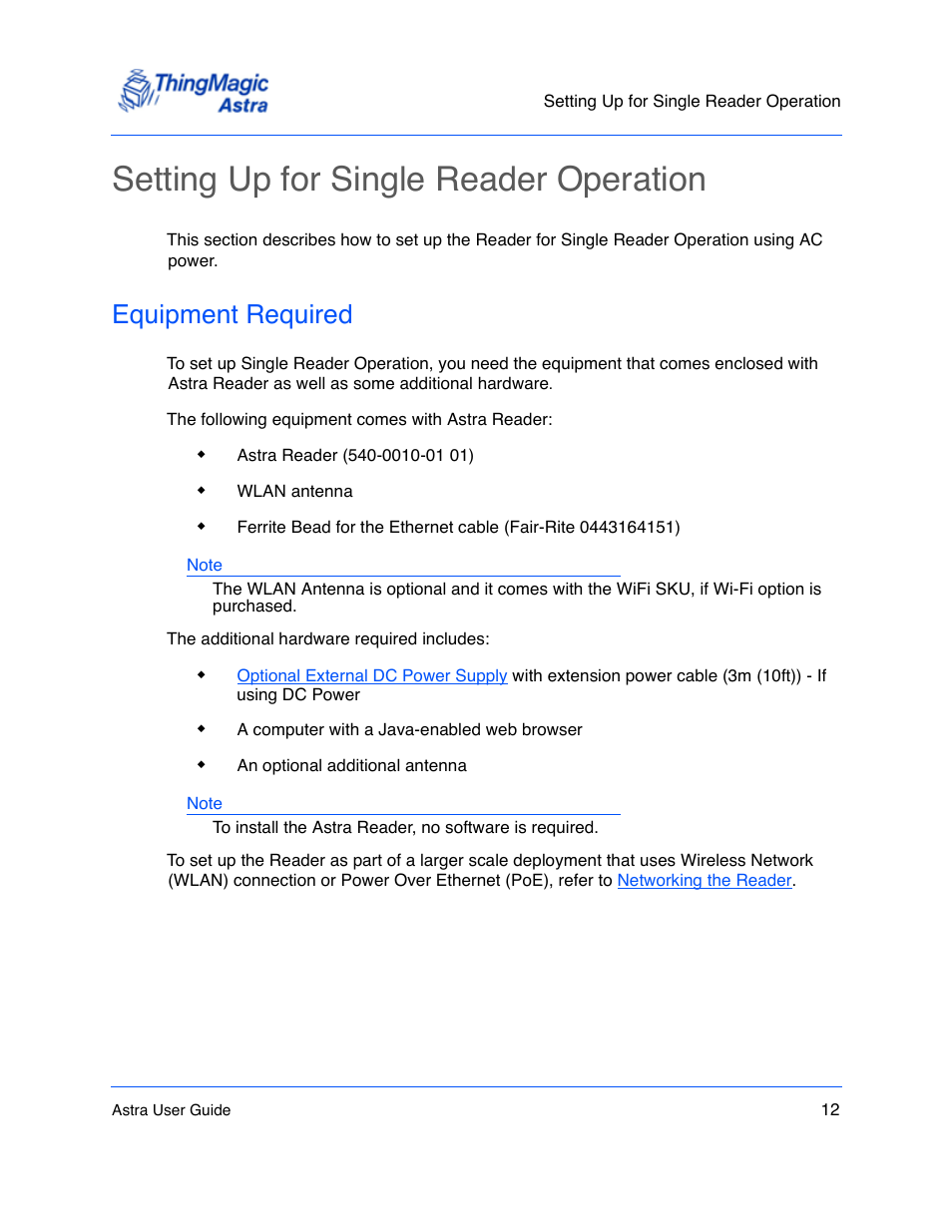 Setting up for single reader operation, Equipment required, Setting up for single reader operation 12 | Equipment required 12 | ThingMagic Astra User Manual | Page 12 / 75