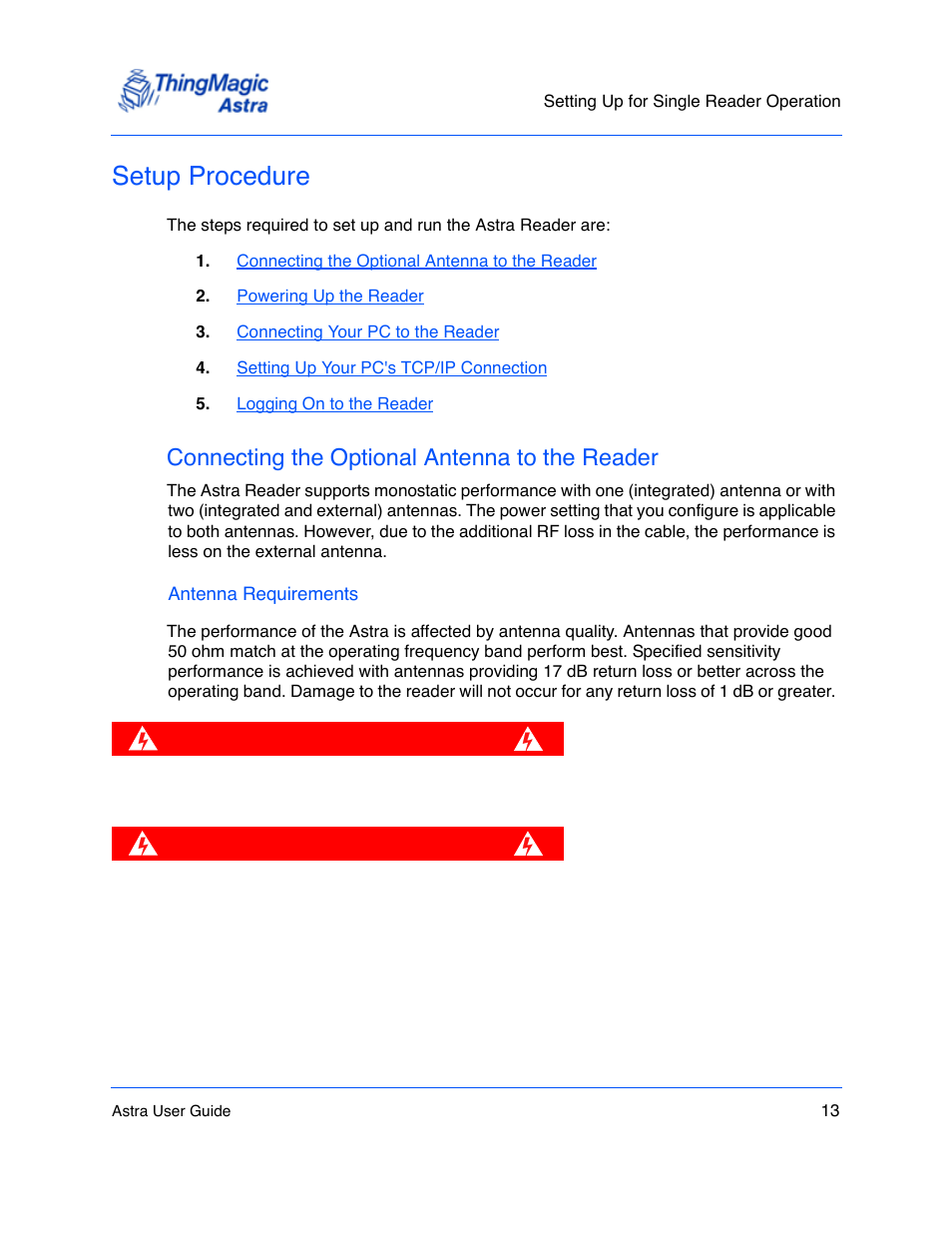 Setup procedure, Connecting the optional antenna to the reader, Setup procedure 13 | Connecting the optional antenna to the reader 13 | ThingMagic Astra User Manual | Page 13 / 75