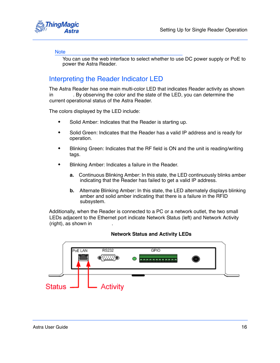 Interpreting the reader indicator led, Interpreting the reader indicator led 16 | ThingMagic Astra User Manual | Page 16 / 75