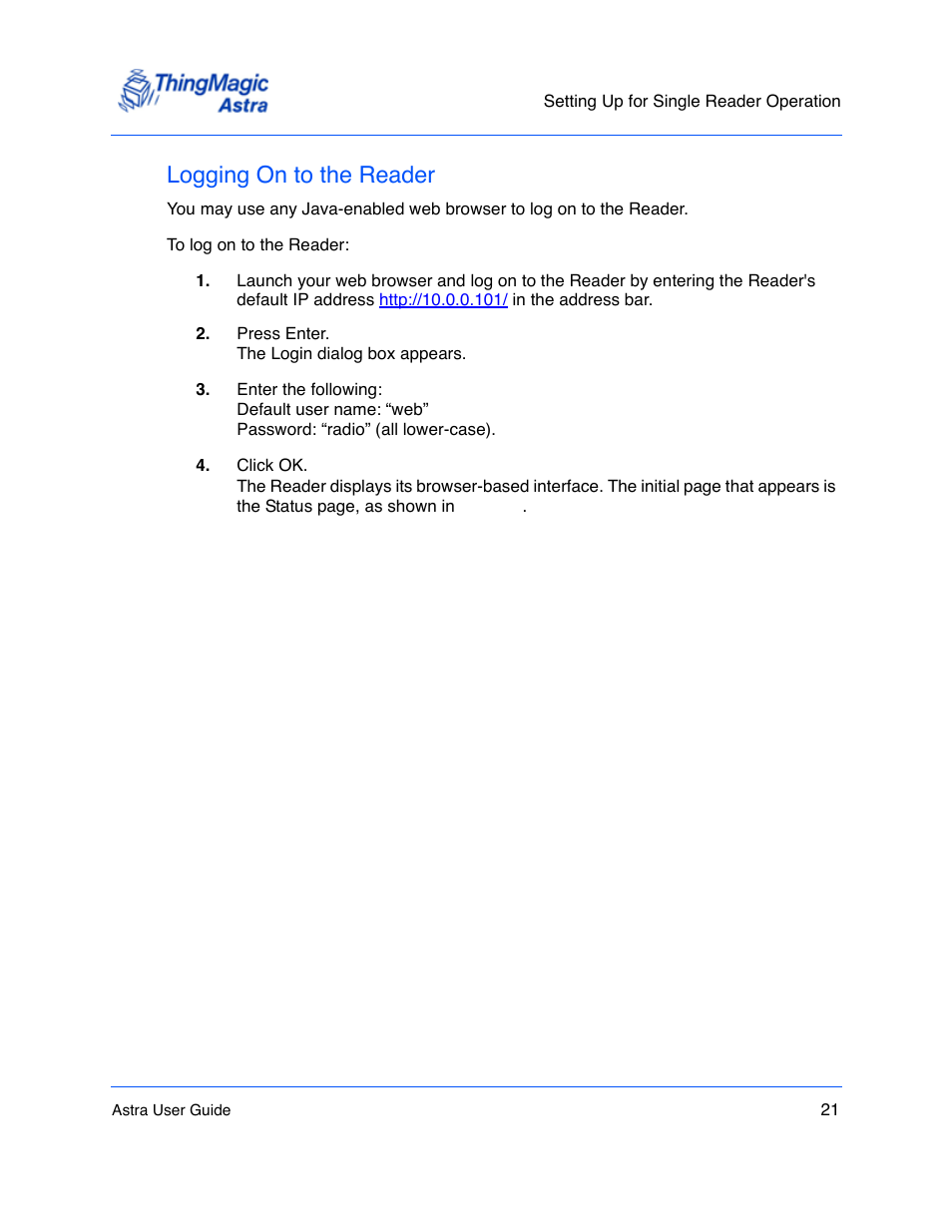 Logging on to the reader, Logging on to the reader 21 | ThingMagic Astra User Manual | Page 21 / 75