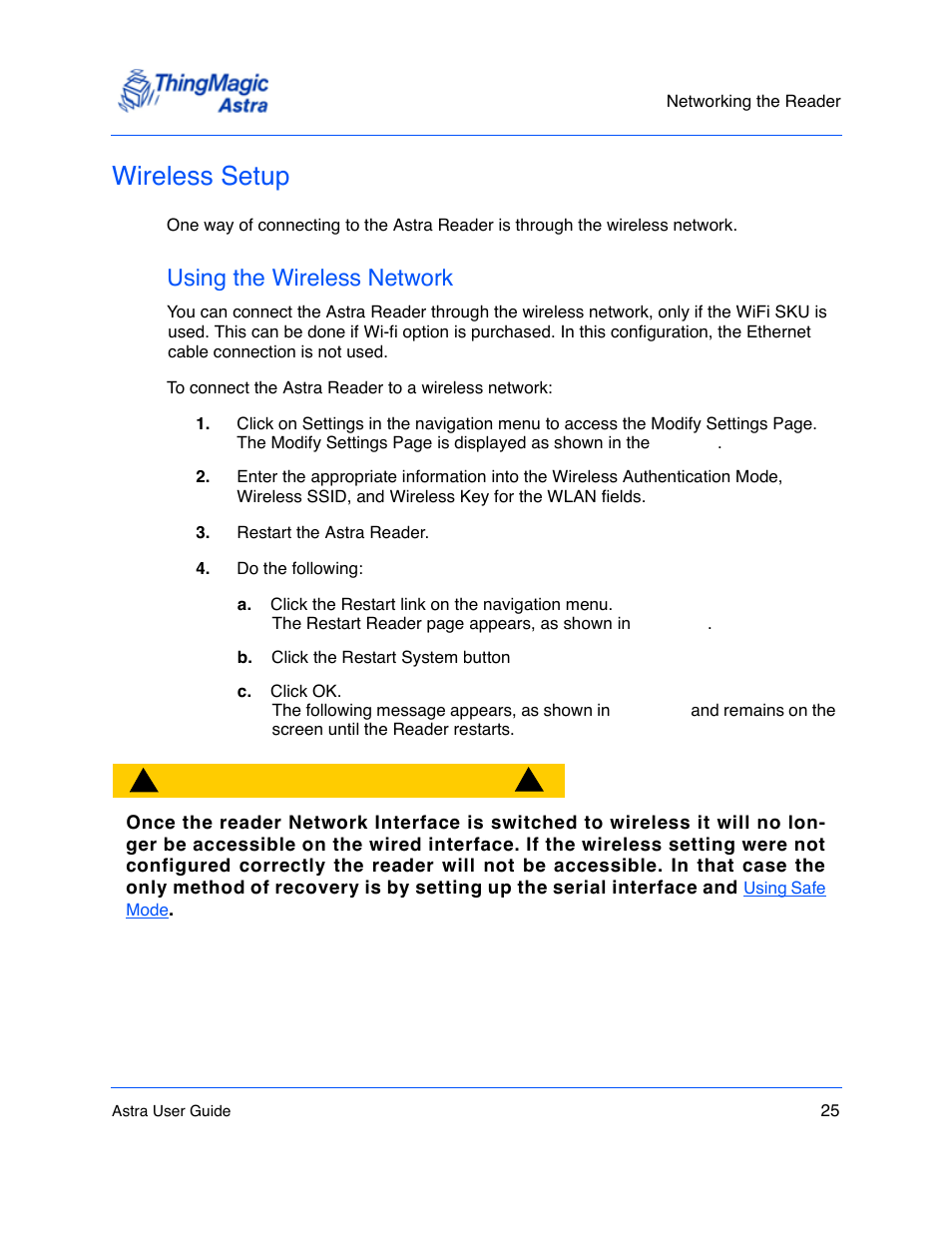 Wireless setup, Using the wireless network, Wireless setup 25 | Using the wireless network 25 | ThingMagic Astra User Manual | Page 25 / 75