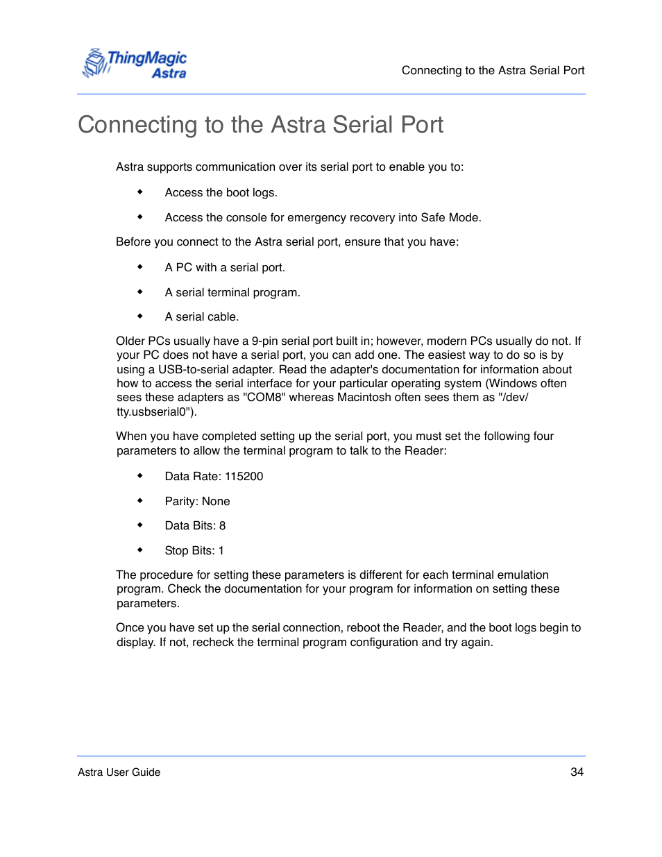 Connecting to the astra serial port, Connecting to the astra serial port 34, Connect | ThingMagic Astra User Manual | Page 34 / 75