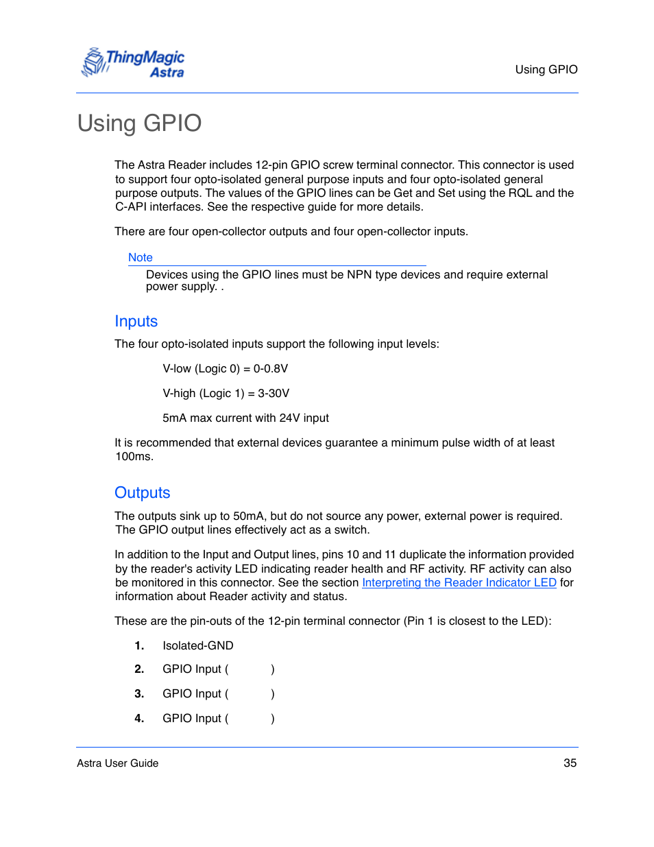 Using gpio, Inputs, Outputs | Using gpio 35, Inputs 35, Outputs 35 | ThingMagic Astra User Manual | Page 35 / 75