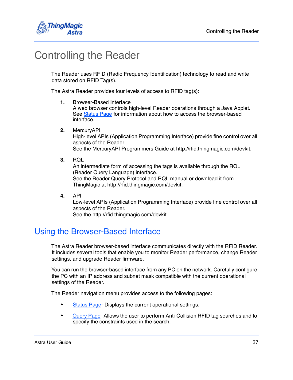 Controlling the reader, Using the browser-based interface, Controlling the reader 37 | Using the browser-based interface 37 | ThingMagic Astra User Manual | Page 37 / 75