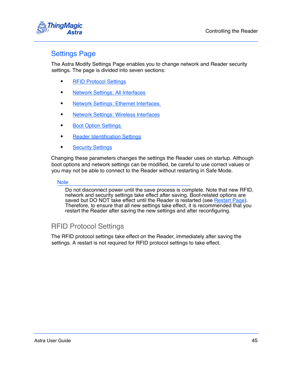 Settings page, Rfid protocol settings | ThingMagic Astra User Manual | Page 45 / 75