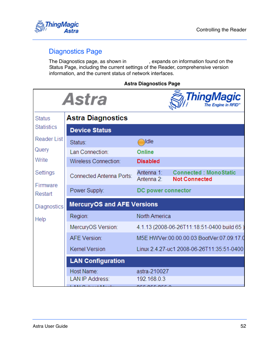 Prov, Diagnostics page | ThingMagic Astra User Manual | Page 52 / 75