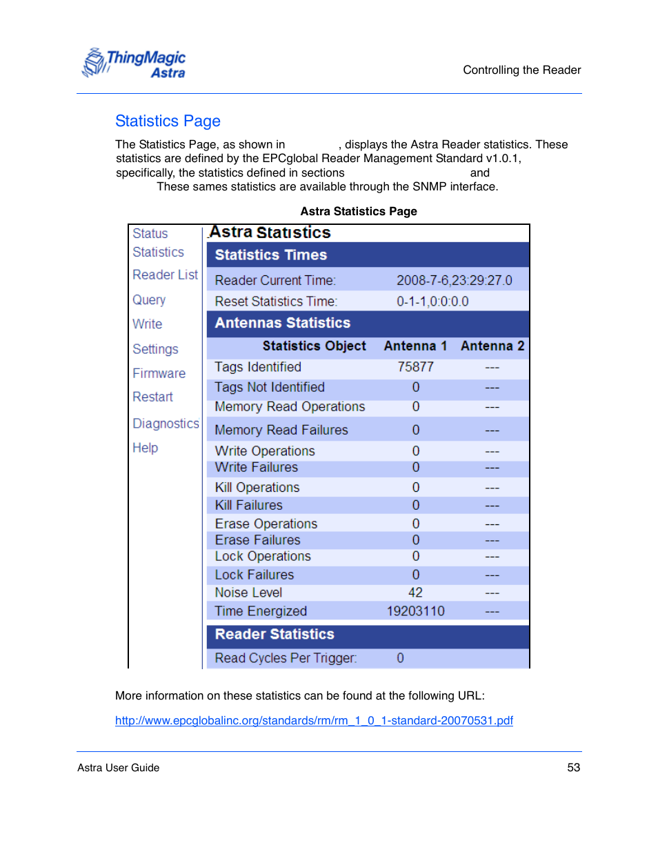 Statistics page | ThingMagic Astra User Manual | Page 53 / 75
