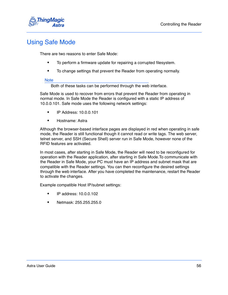 Using safe mode, Using safe mode 56, Using safe | Mode | ThingMagic Astra User Manual | Page 56 / 75