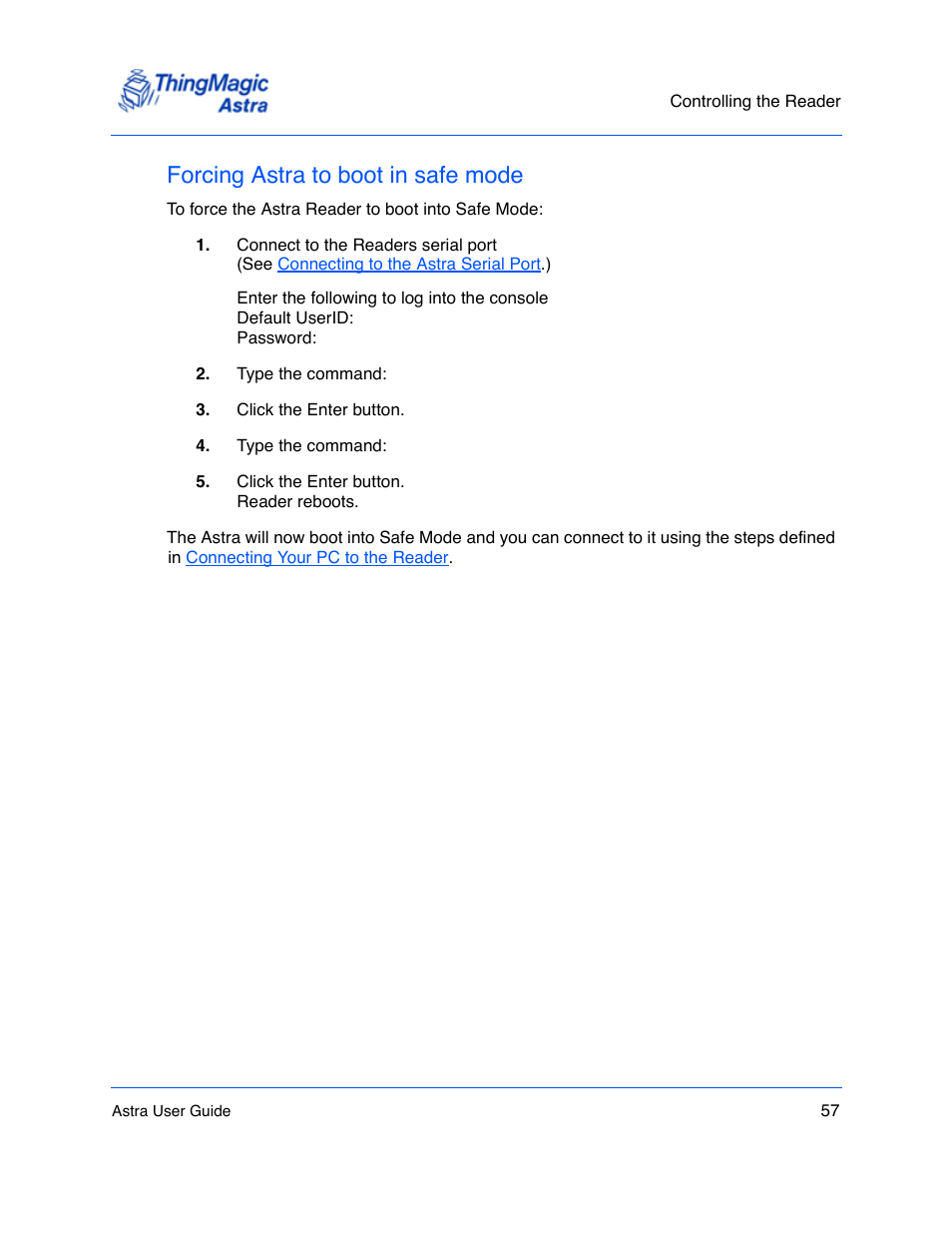Forcing astra to boot in safe mode, Forcing astra to boot in safe mode 57 | ThingMagic Astra User Manual | Page 57 / 75