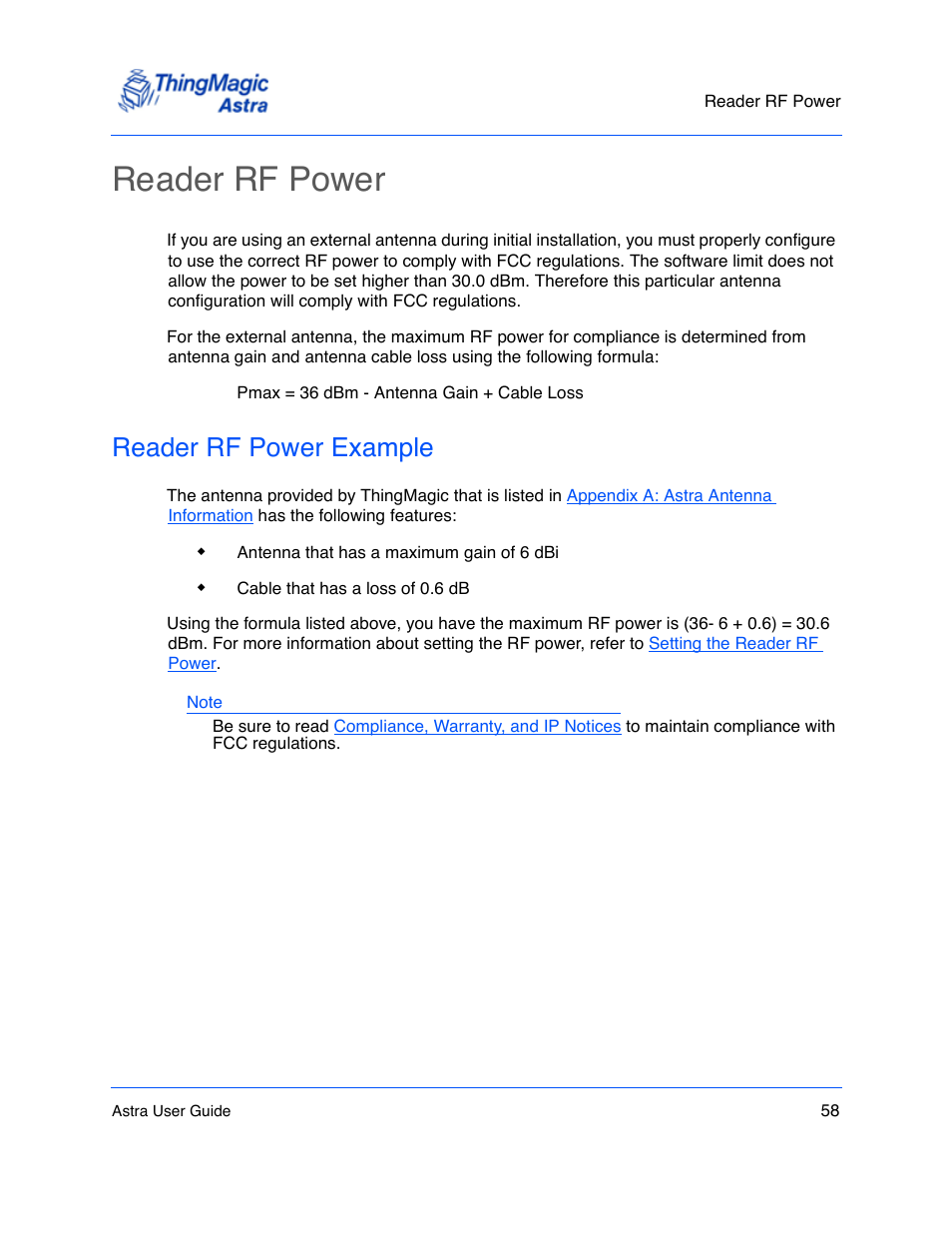 Reader rf power, Reader rf power example, Reader rf power 58 | Reader rf power example 58 | ThingMagic Astra User Manual | Page 58 / 75