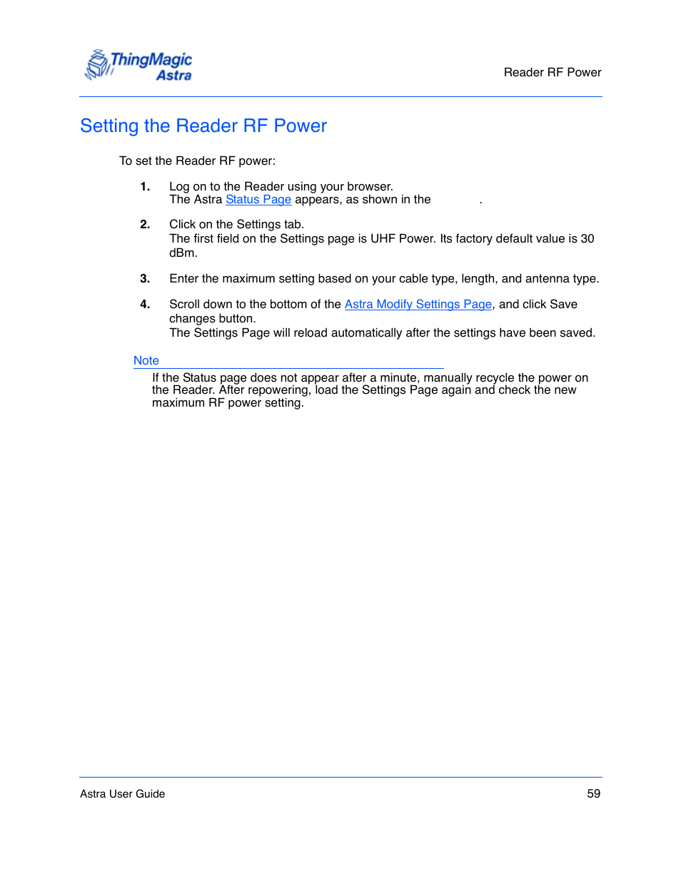 Setting the reader rf power, Setting the reader rf power 59, Setting the reader rf | Power | ThingMagic Astra User Manual | Page 59 / 75
