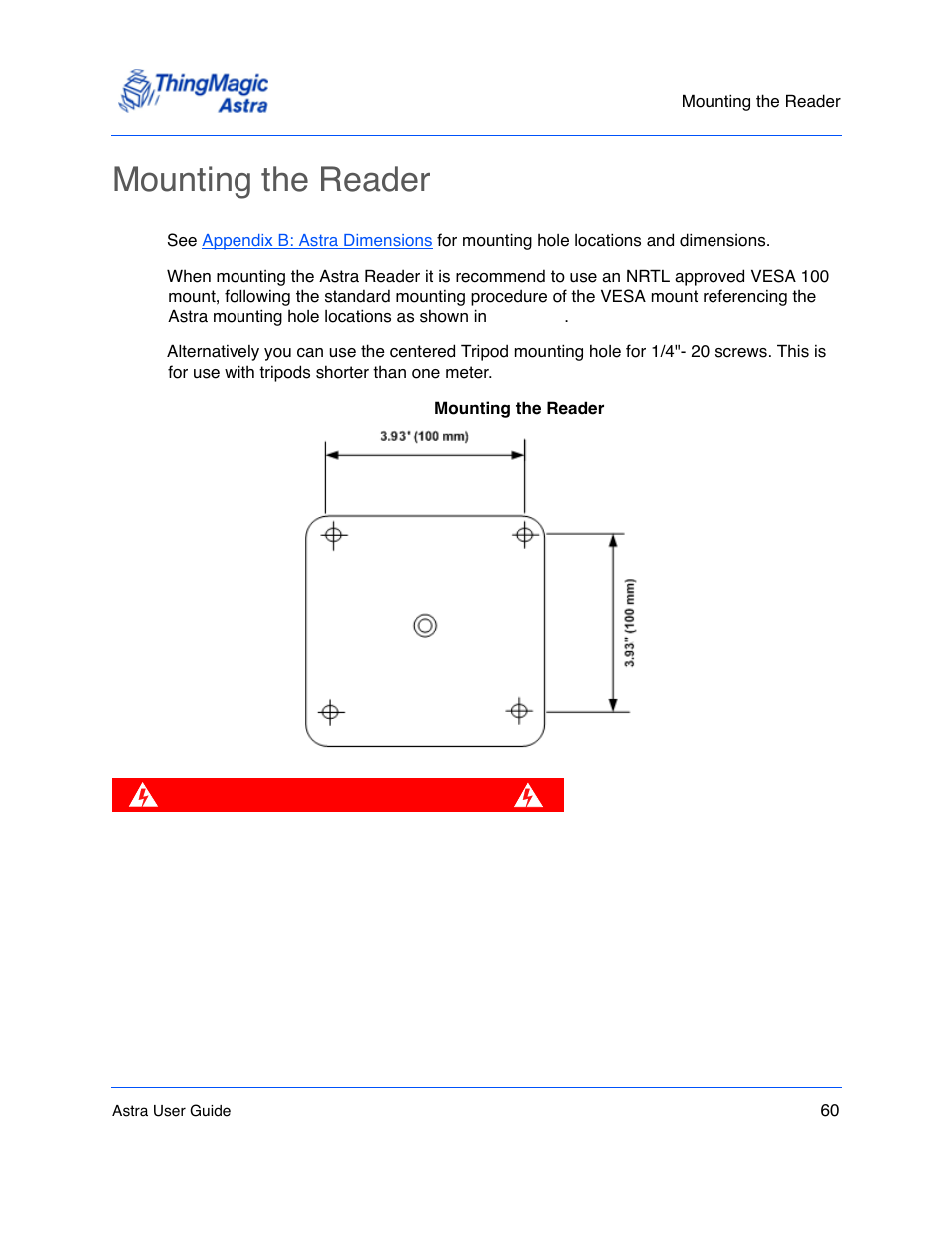 Mounting the reader, Mounting the reader 60 | ThingMagic Astra User Manual | Page 60 / 75