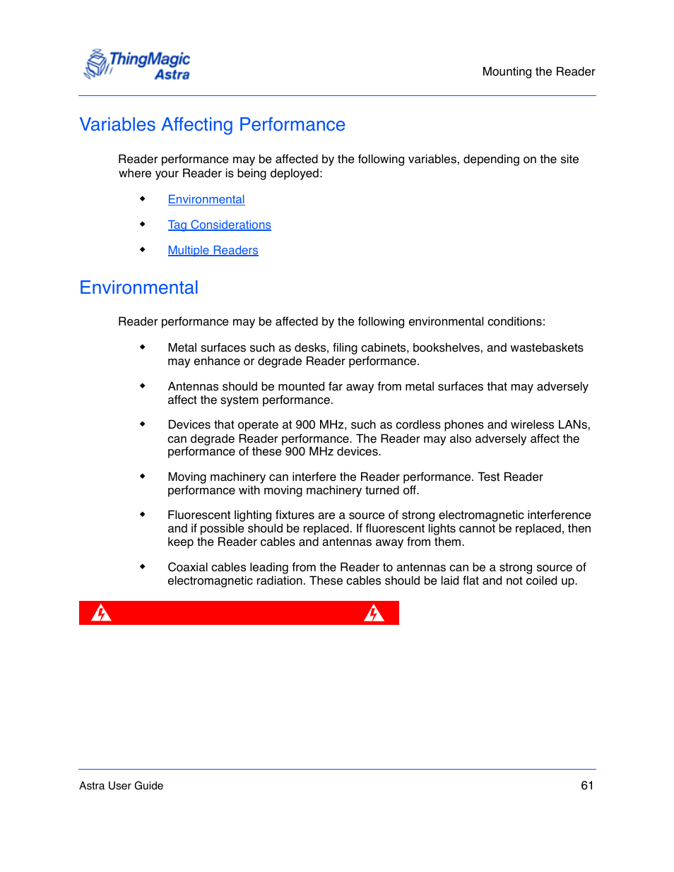 Variables affecting performance, Environmental, Variables affecting performance 61 | Environmental 61 | ThingMagic Astra User Manual | Page 61 / 75