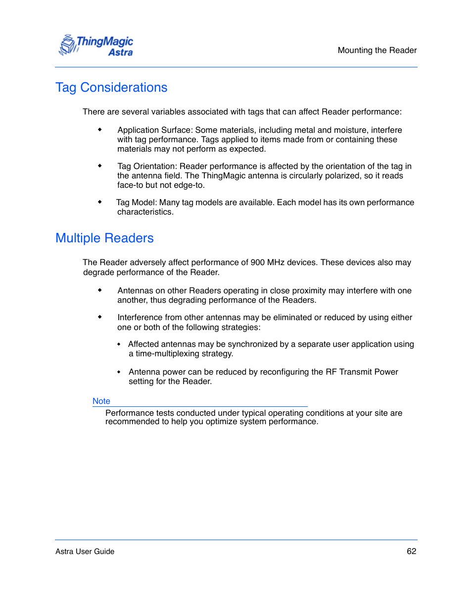 Tag considerations, Multiple readers, Tag considerations 62 | Multiple readers 62 | ThingMagic Astra User Manual | Page 62 / 75