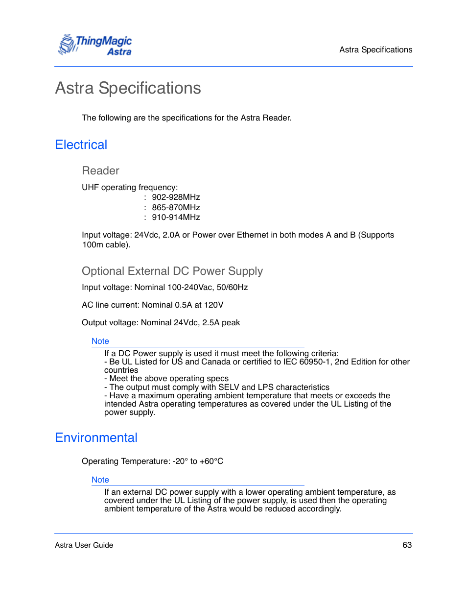 Astra specifications, Electrical, Environmental | Astra specifications 63, Electrical 63, Environmental 63, Optional external dc power supply, Reader | ThingMagic Astra User Manual | Page 63 / 75