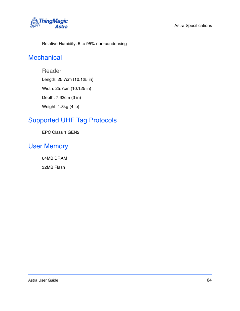 Mechanical, Supported uhf tag protocols, User memory | Mechanical 64, Supported uhf tag protocols 64, User memory 64, Reader | ThingMagic Astra User Manual | Page 64 / 75