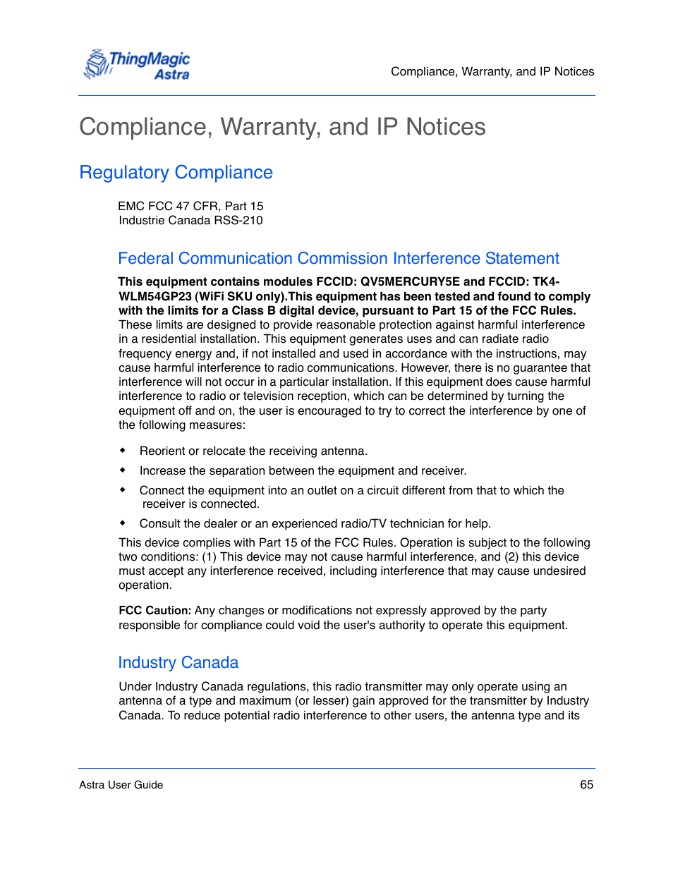 Compliance, warranty, and ip notices, Regulatory compliance, Industry canada | Compliance, warranty, and ip notices 65, Regulatory compliance 65, Industry canada 65 | ThingMagic Astra User Manual | Page 65 / 75