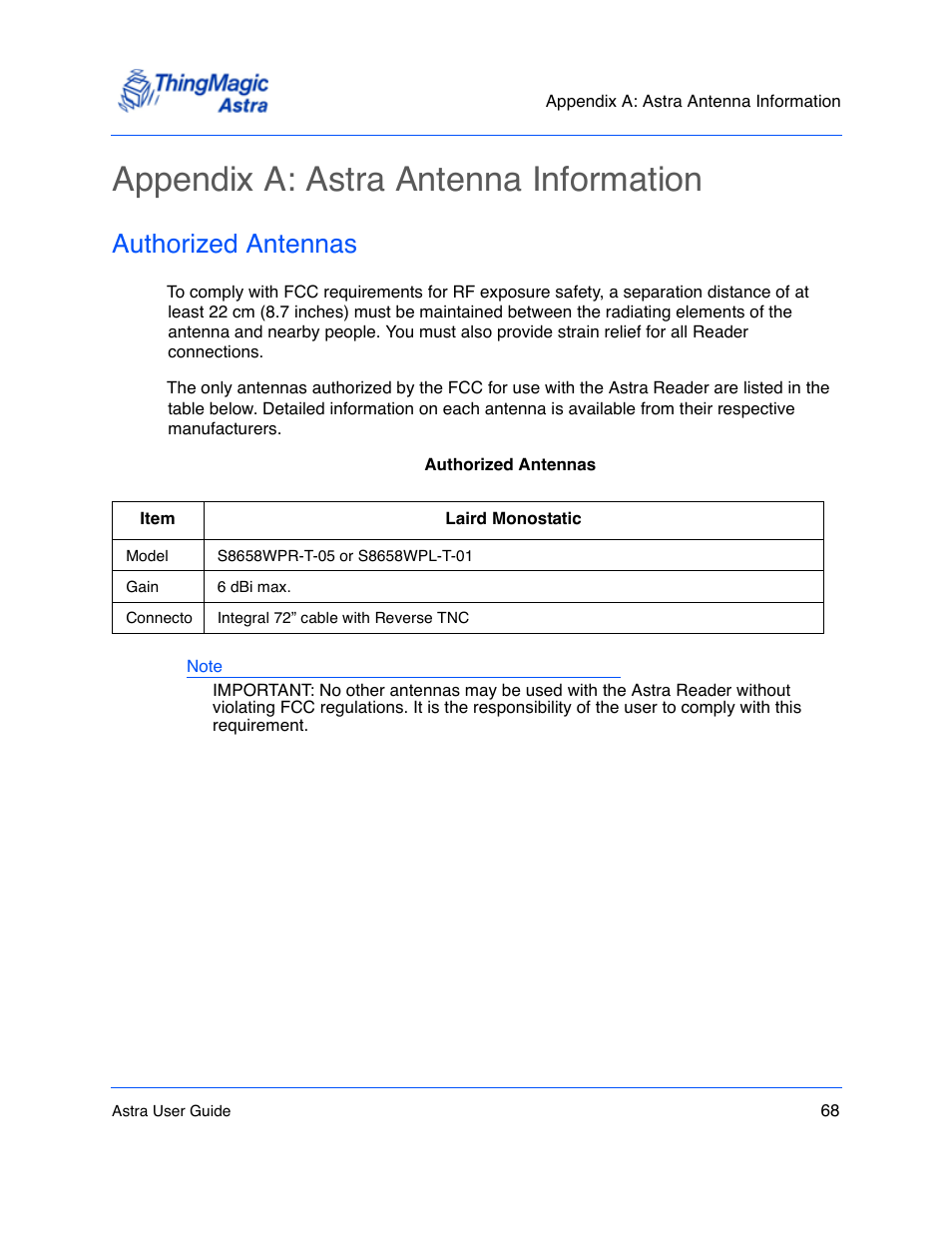 Appendix a: astra antenna information, Authorized antennas, Appendix a: astra antenna information 68 | Authorized antennas 68, Appendix a: astra antenna, Information | ThingMagic Astra User Manual | Page 68 / 75