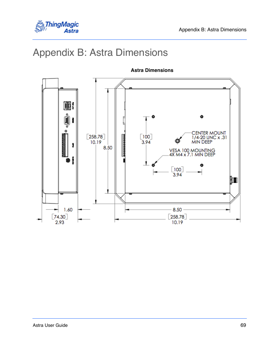 Appendix b: astra dimensions, Appendix b: astra dimensions 69 | ThingMagic Astra User Manual | Page 69 / 75