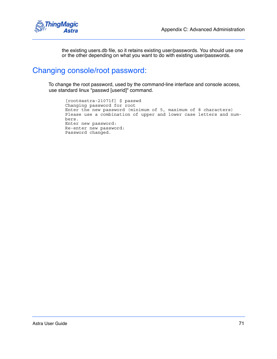 Changing console/root password, Changing console/root password: 71 | ThingMagic Astra User Manual | Page 71 / 75