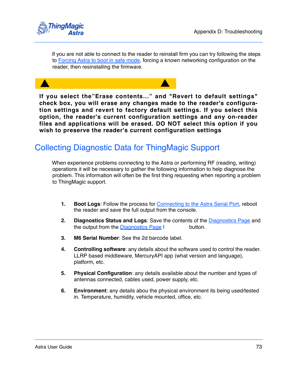 Collecting diagnostic data for thingmagic support, Collecting diagnostic data for thingmagic, Support | ThingMagic Astra User Manual | Page 73 / 75