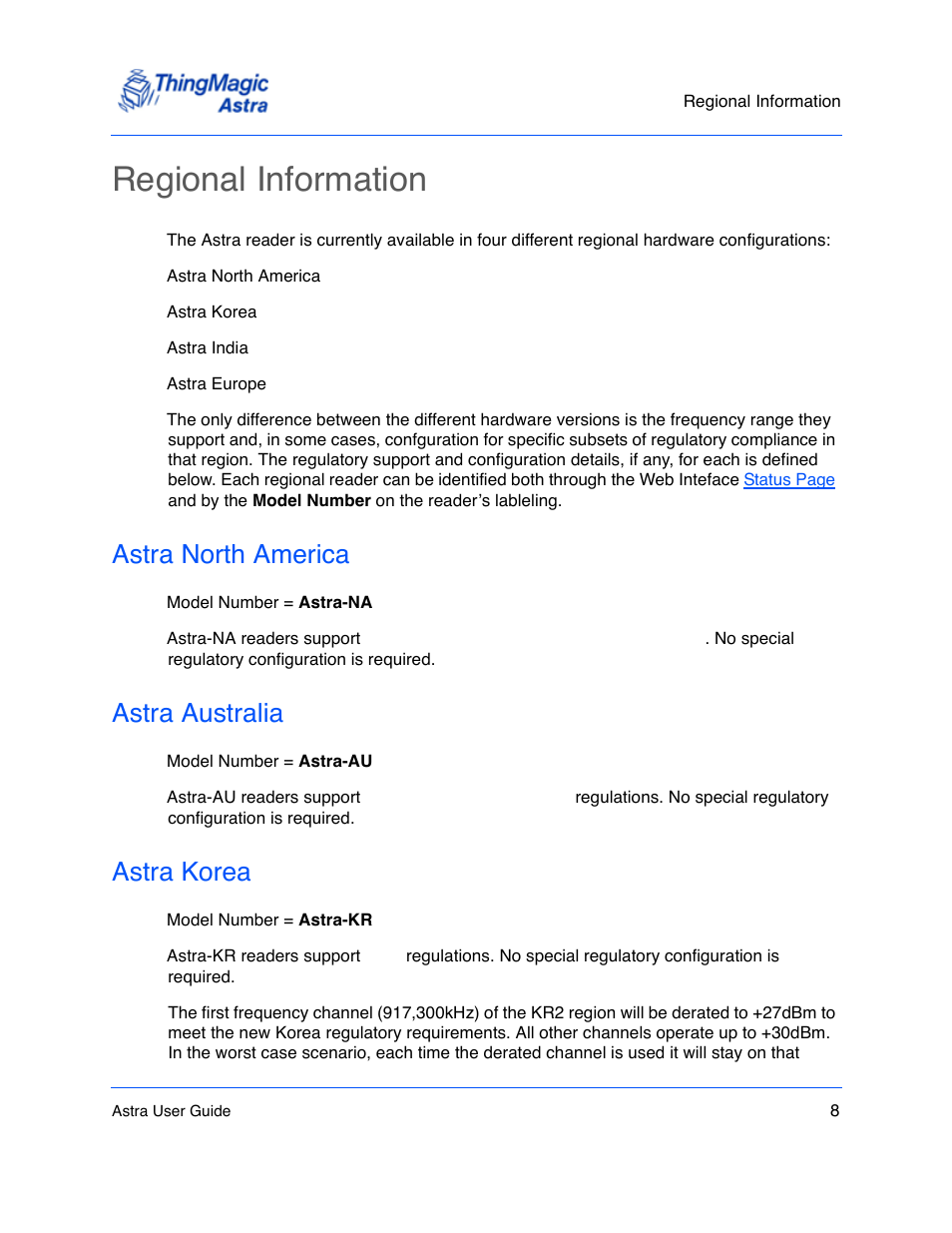 Regional information, Astra north america, Astra australia | Astra korea, Regional information 8, Astra north america 8, Astra australia 8, Astra korea 8 | ThingMagic Astra User Manual | Page 8 / 75