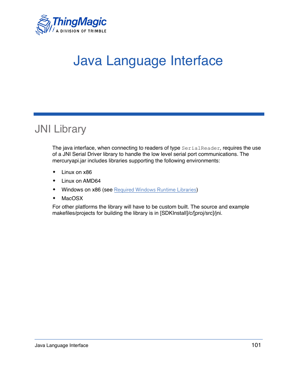 Java language interface, Jni library | ThingMagic Mercury API v1.23.0 User Manual | Page 101 / 128