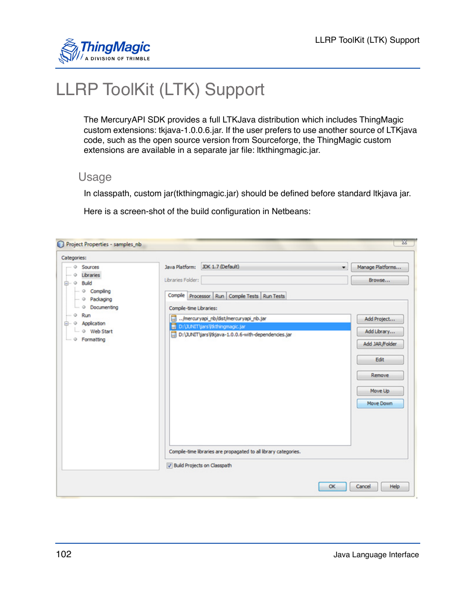 Llrp toolkit (ltk) support, Usage, Usage 102 | ThingMagic Mercury API v1.23.0 User Manual | Page 102 / 128