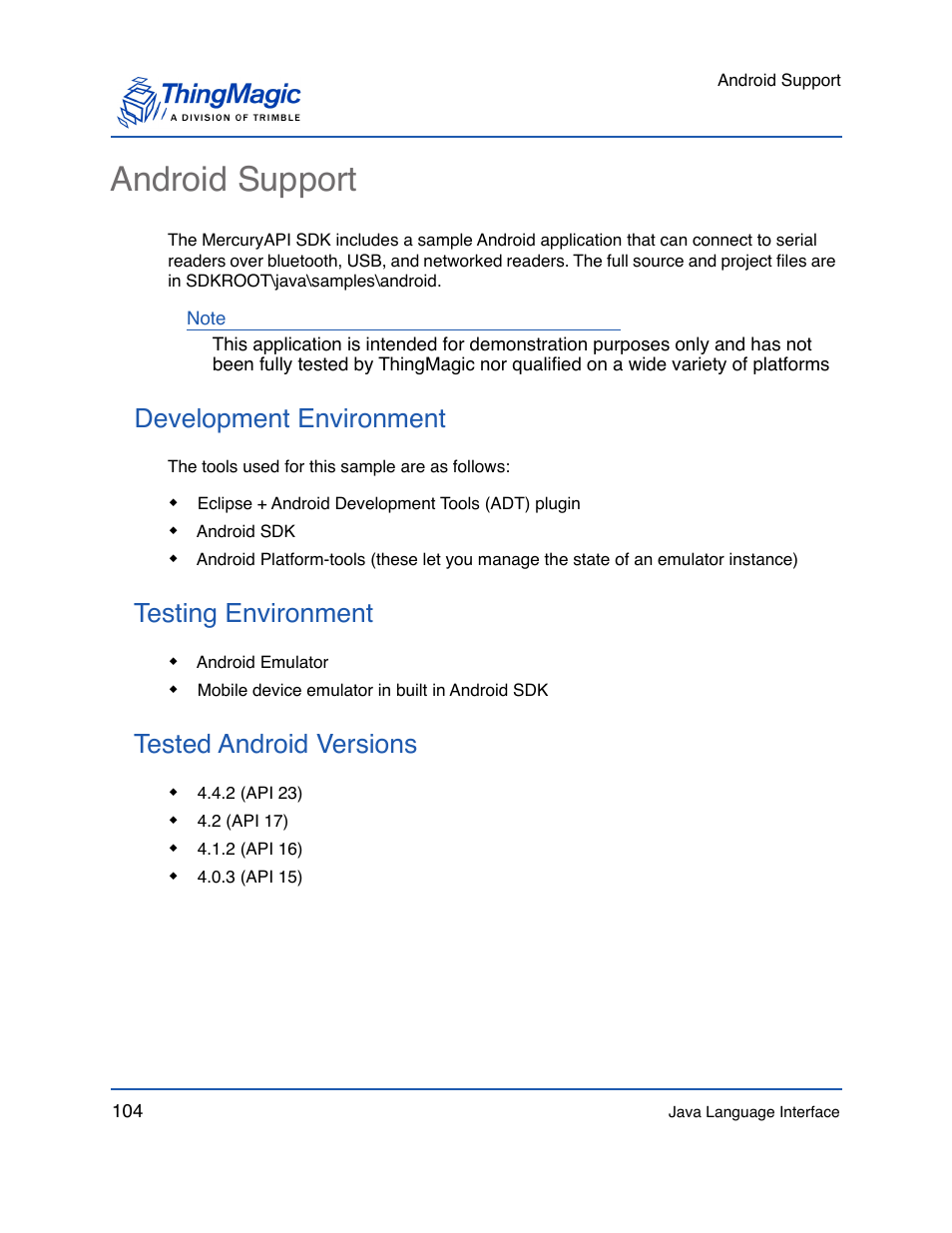 Android support, Development environment, Testing environment | Tested android versions | ThingMagic Mercury API v1.23.0 User Manual | Page 104 / 128