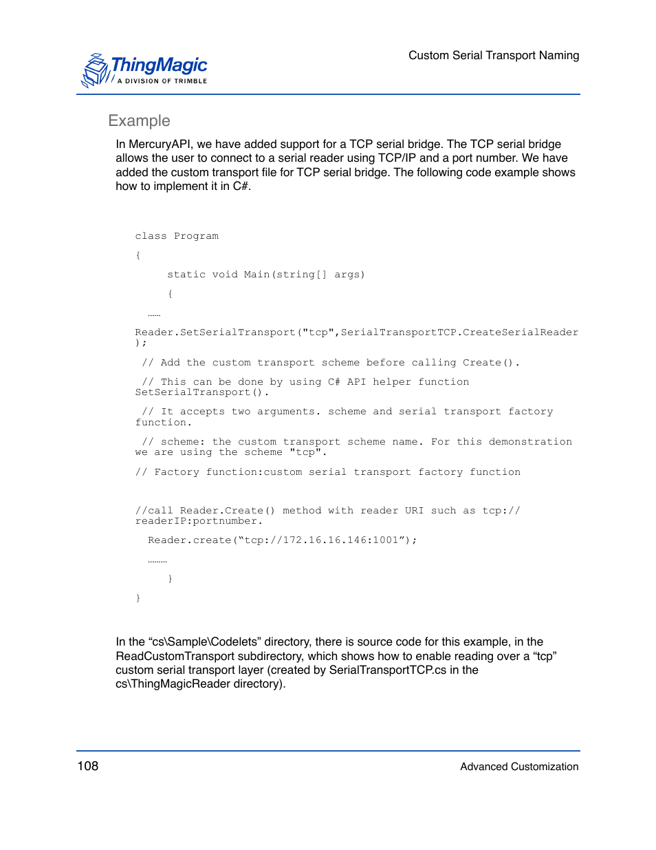 Example, Example 108 | ThingMagic Mercury API v1.23.0 User Manual | Page 108 / 128