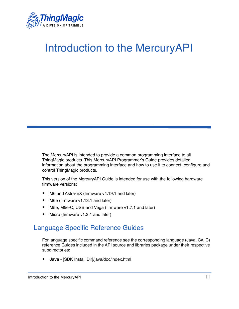 Introduction to the mercuryapi, Language specific reference guides | ThingMagic Mercury API v1.23.0 User Manual | Page 11 / 128