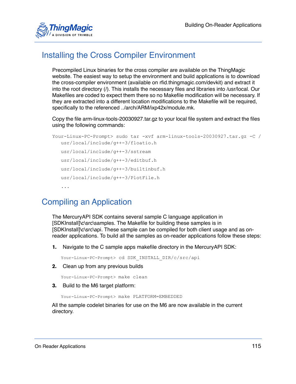 Installing the cross compiler environment, Compiling an application, Installing the cross | Compiler environment | ThingMagic Mercury API v1.23.0 User Manual | Page 115 / 128