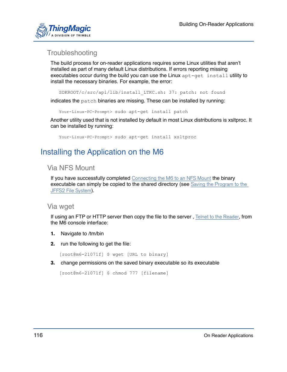 Troubleshooting, Installing the application on the m6, Via nfs mount | Via wget, Troubleshooting 116, Via nfs mount 116 via wget 116, Wget | ThingMagic Mercury API v1.23.0 User Manual | Page 116 / 128