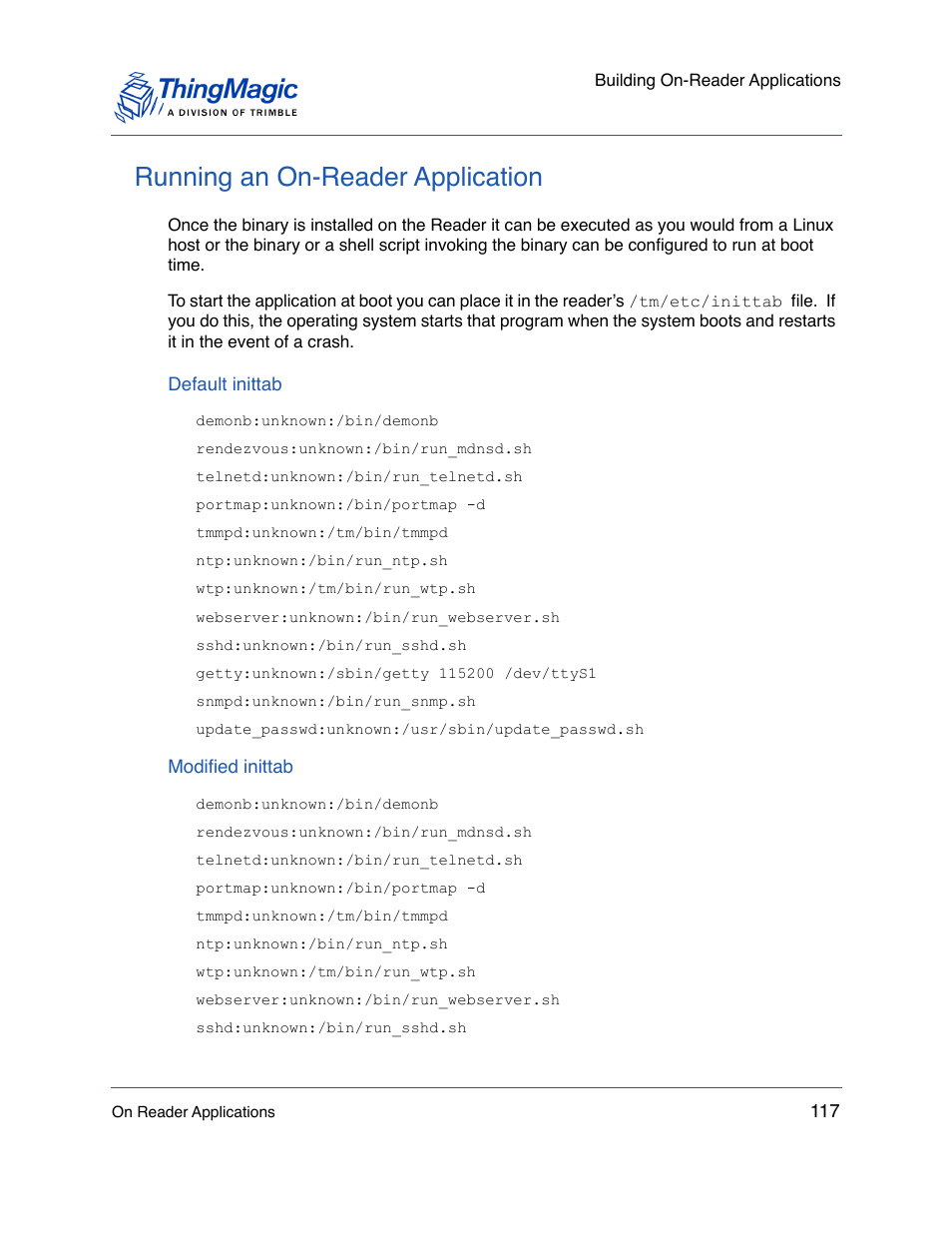 Running an on-reader application, Default inittab, Modified inittab | ThingMagic Mercury API v1.23.0 User Manual | Page 117 / 128