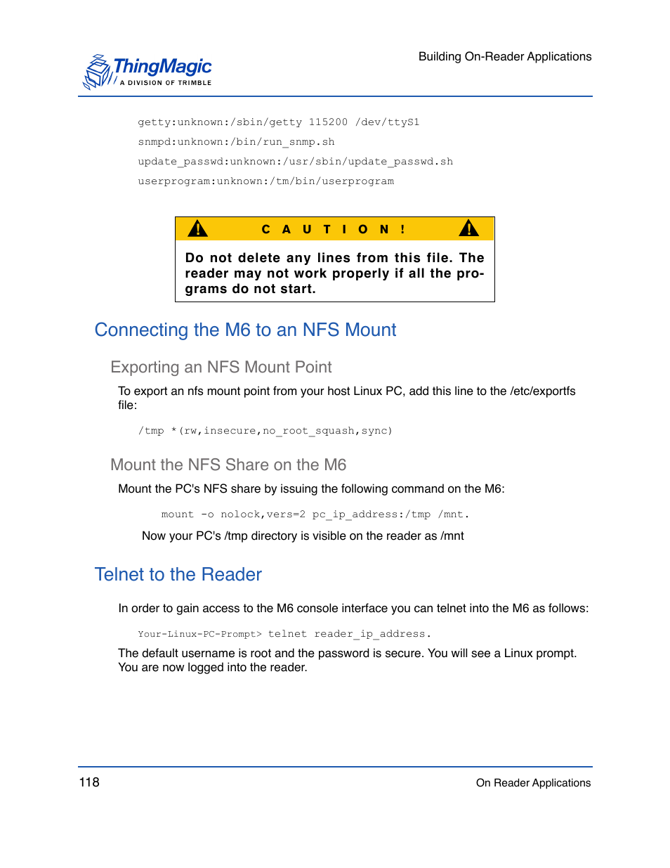 Connecting the m6 to an nfs mount, Exporting an nfs mount point, Mount the nfs share on the m6 | Telnet to the reader, If you have successfully completed | ThingMagic Mercury API v1.23.0 User Manual | Page 118 / 128