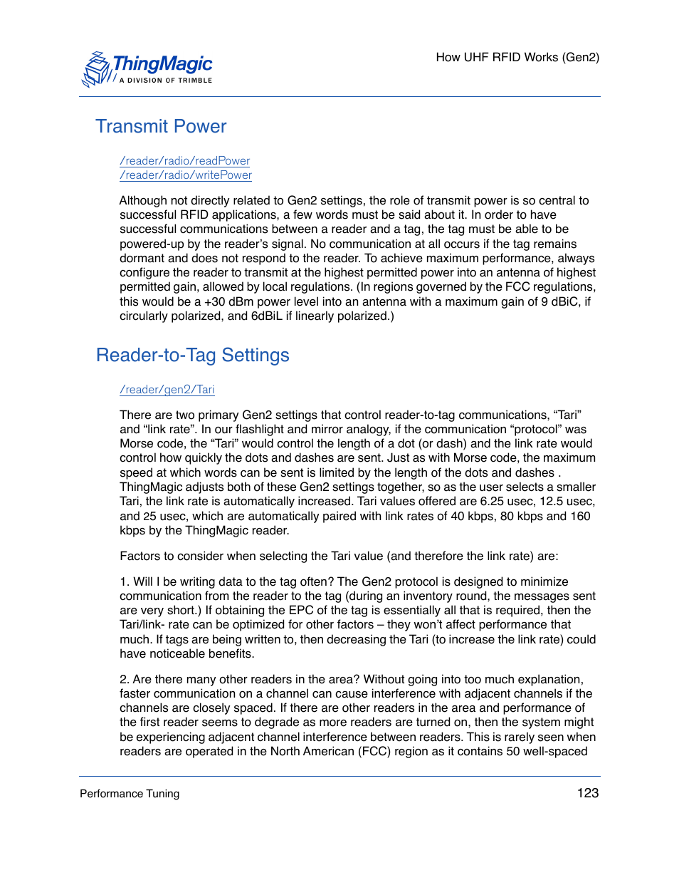 Transmit power, Reader-to-tag settings, Transmit power reader-to-tag settings | ThingMagic Mercury API v1.23.0 User Manual | Page 123 / 128