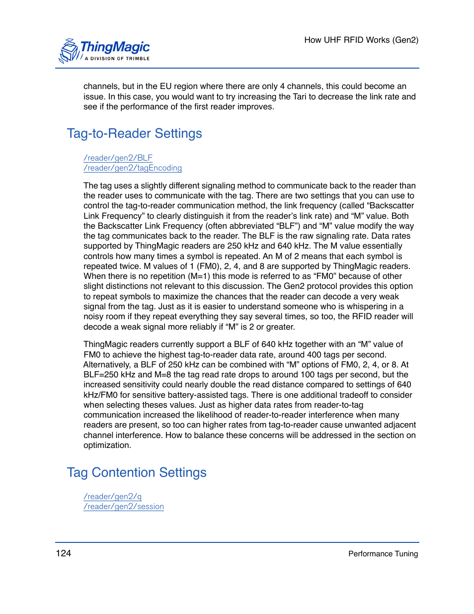 Tag-to-reader settings, Tag contention settings, Tag-to-reader settings tag contention settings | For details, Tag-to, Reader settings, Tag contention, Settings | ThingMagic Mercury API v1.23.0 User Manual | Page 124 / 128