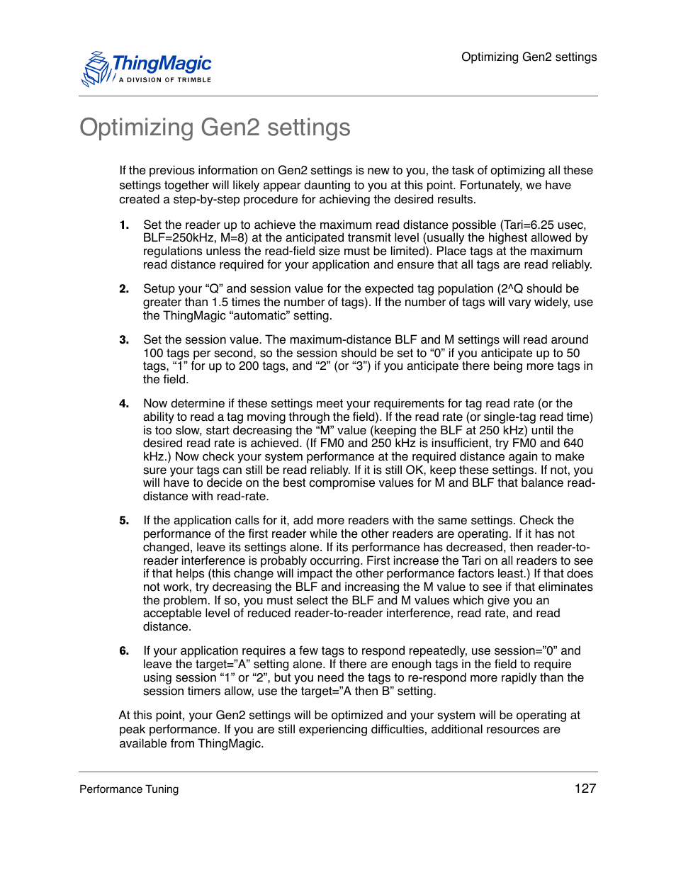 Optimizing gen2 settings, Optimizing gen2, Settings | ThingMagic Mercury API v1.23.0 User Manual | Page 127 / 128