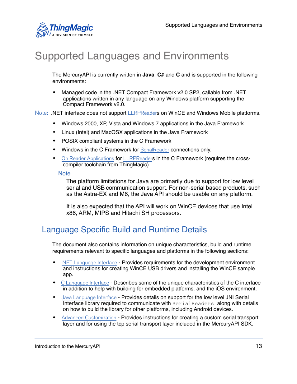 Supported languages and environments, Language specific build and runtime details | ThingMagic Mercury API v1.23.0 User Manual | Page 13 / 128