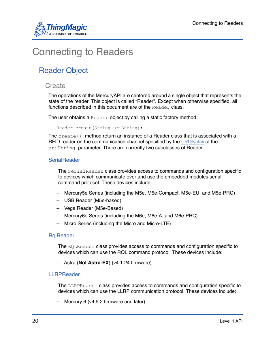 Connecting to readers, Reader object, Create | Serialreader, Rqlreader, Llrpreader, Create 20, Connections only | ThingMagic Mercury API v1.23.0 User Manual | Page 20 / 128