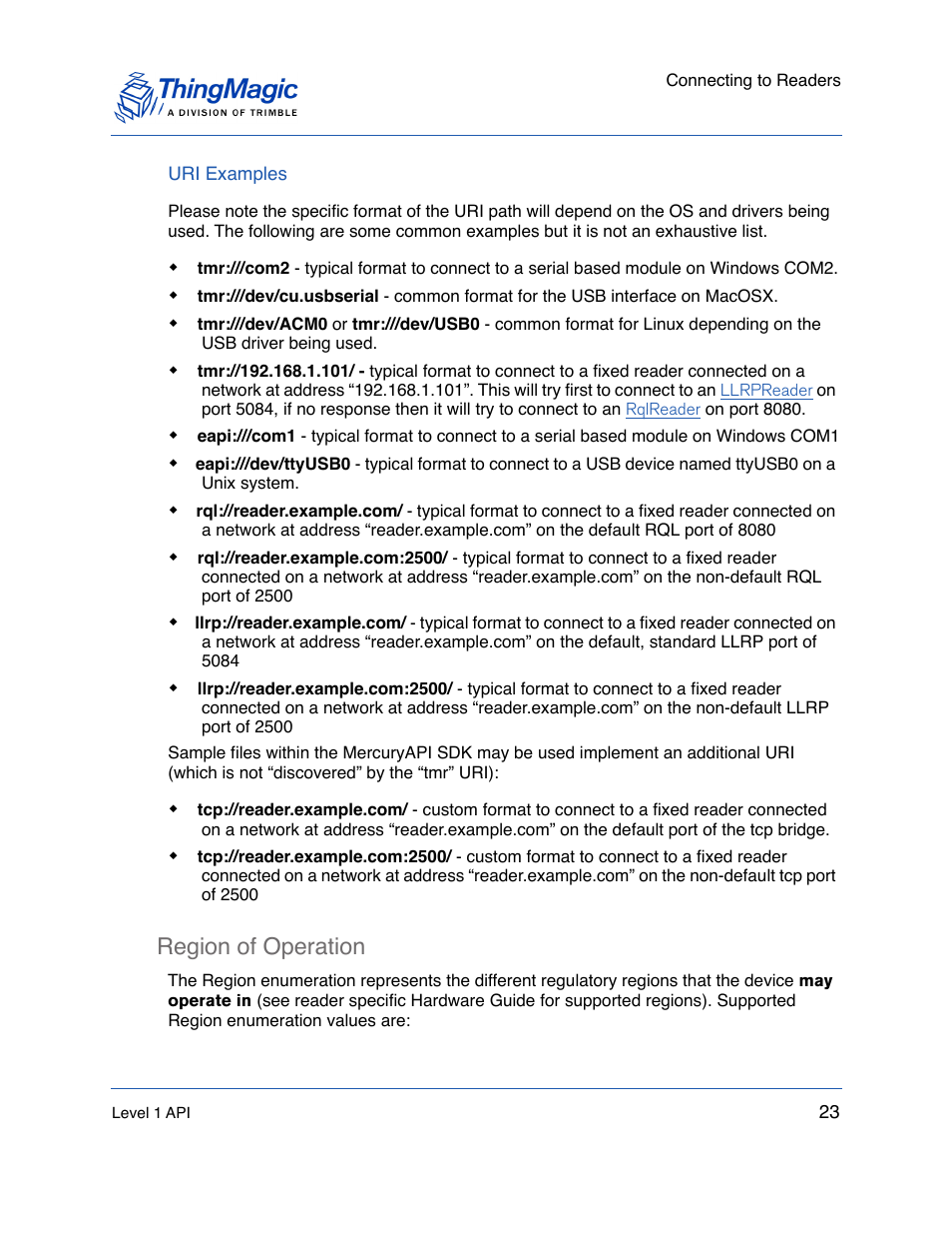 Uri examples, Region of operation, Region of operation 23 | Succeeds the, Should | ThingMagic Mercury API v1.23.0 User Manual | Page 23 / 128