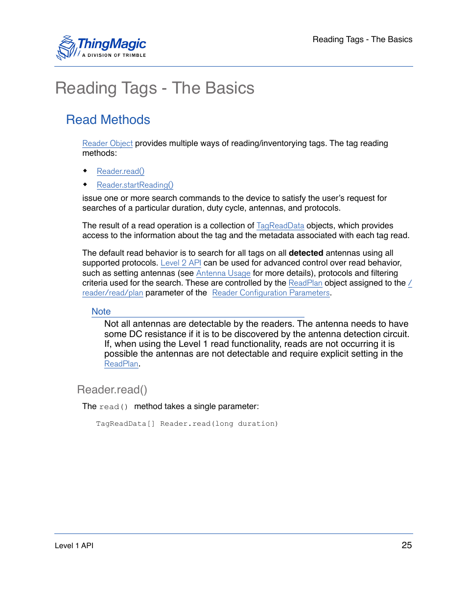 Reading tags - the basics, Read methods, Reader.read() | Reader.read() 25 | ThingMagic Mercury API v1.23.0 User Manual | Page 25 / 128