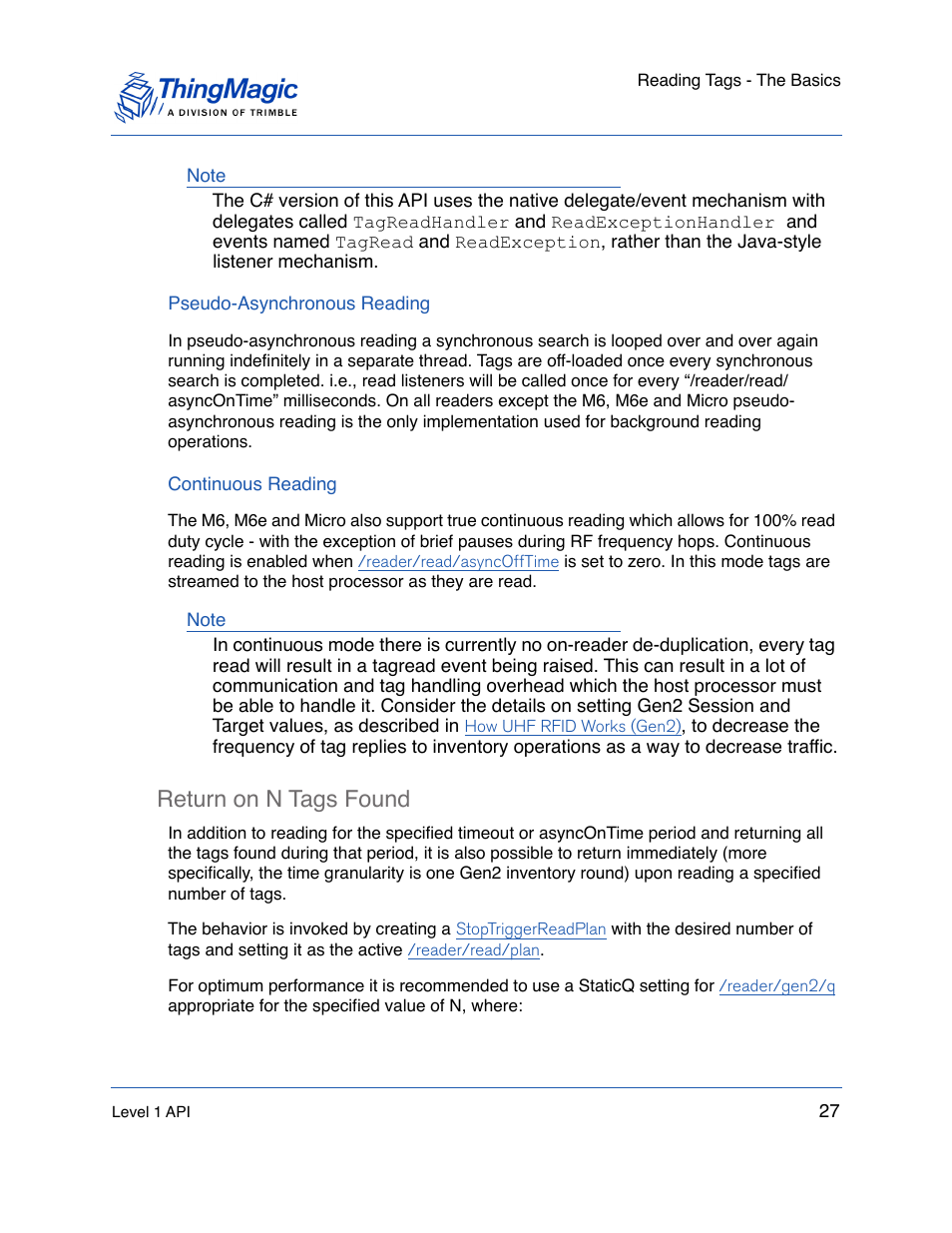 Pseudo-asynchronous reading, Continuous reading, Return on n tags found | Return on n tags found 27 | ThingMagic Mercury API v1.23.0 User Manual | Page 27 / 128